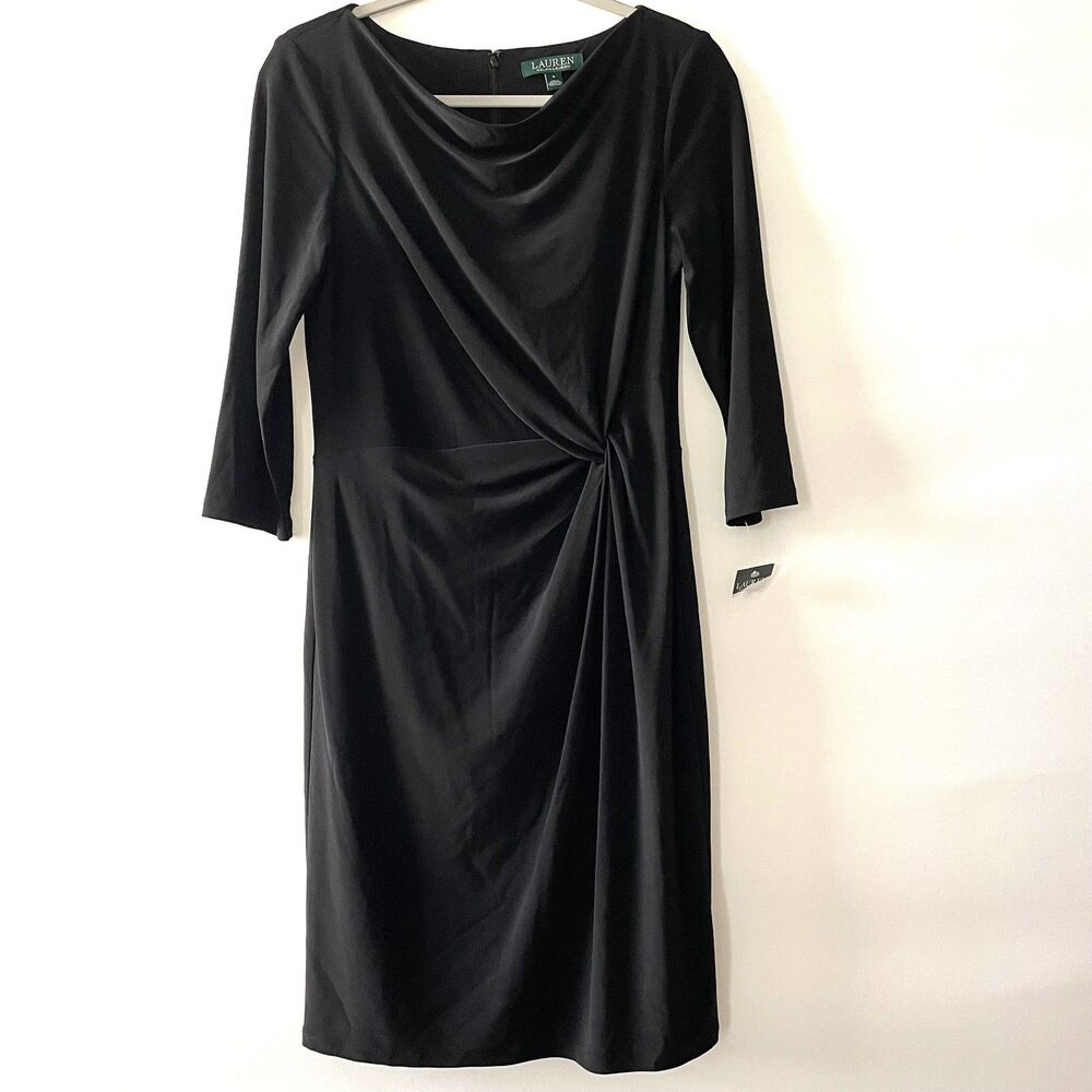 NWT Lauren Ralph Lauren Black Ruched Sheath Dress 3/4 Sleeve Draped Size 8